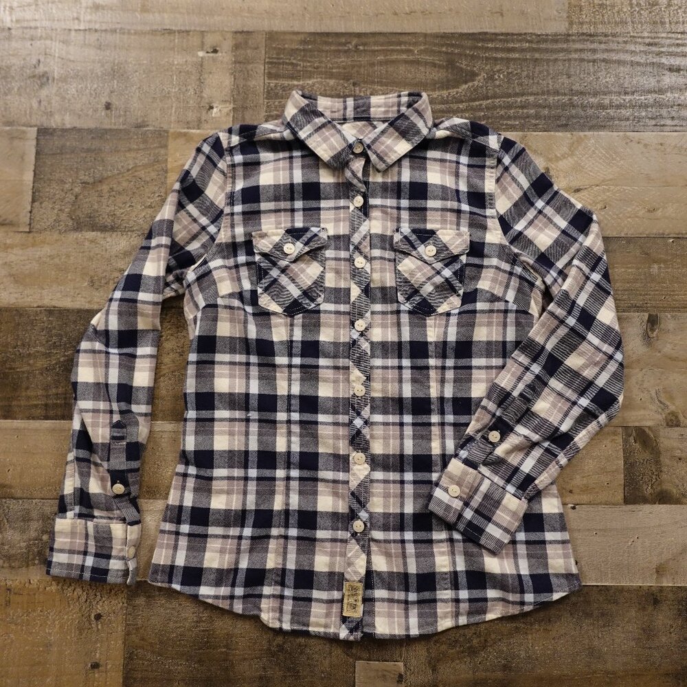 Harley Davidson plaid button down shirt women's medium white navy taupe